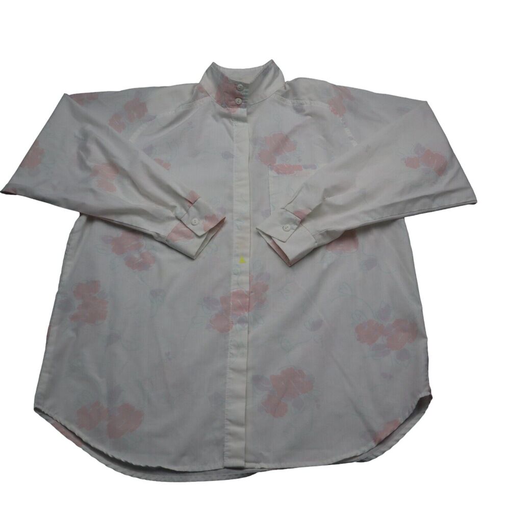 Idioms Shirt Womens L White Long Sleeve Mock Neck Pocket Button Floral Blouse